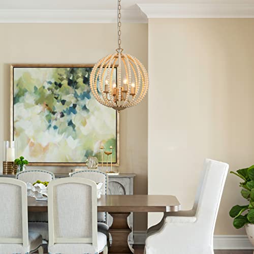 Farmhouse Wood Beaded Chandelier, Boho 4-Lights 16.5" Wood Candle Style Chandelier Light Fixture, Rustic Modern White Wood Bead Chandelier for Dining Room, Kitchen Island, Hallway, Bedroom, E12 - Image 3