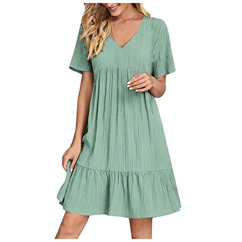Trendiges Tunika-Kleid mit V-Ausschnitt, kurzärmelig, für Damen, Sommer, lässig, plissiert, Rüschensaum, Tunika-Kleid für Damen, schwingend, gestuft, A-Linie, kurzes Sommerkleid, knielang, mintgrün