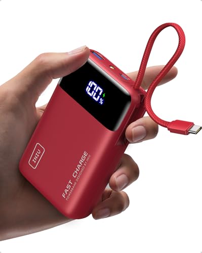 INIU 45W Power Bank für iPhone, Ultra Klein 20000mAh Powerbank mit Integriertem USB-C Kabel, Schnellladen Externe Handyakkus, Flugtauglich, Reise-Essential, für iPhone 17 16 15 Pro, Samsung S22, Rot