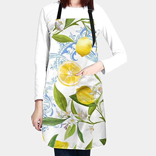 N Nebont Lemon Pattern With Tropic Fruits Leaves Cooking Chef Apron With 2 Pocket Adjustable Bib Waterproof Kitchen Apron Cosplay Apron #TOP2