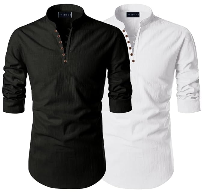 Image of Men's Trendy Short Kurta Shirt | Mandarin Collar Full Sleeve Cotton Ethnic Wear | Regular Fit Traditional Indian Apparel | Casual Festive Party Function Clothing