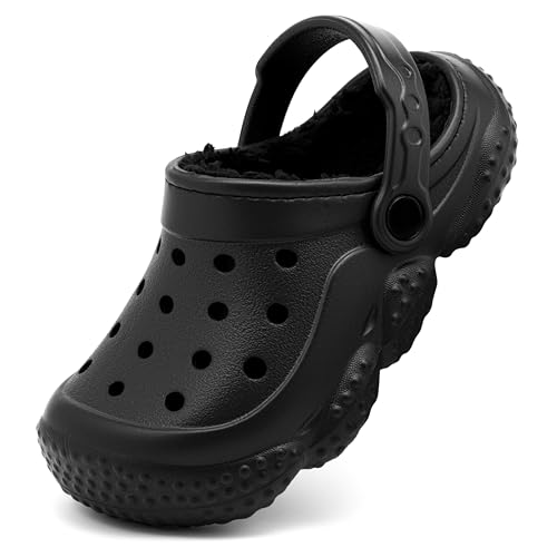 Image of INMINPIN Kids Girls Boys Fur Lined Clogs Fuzzy Slippers Toddler Winter Warm Garden House Shoes Indoor Outdoor, Black, Label Size 10-11 Little Kid = US Size 11-11.5 Little Kid