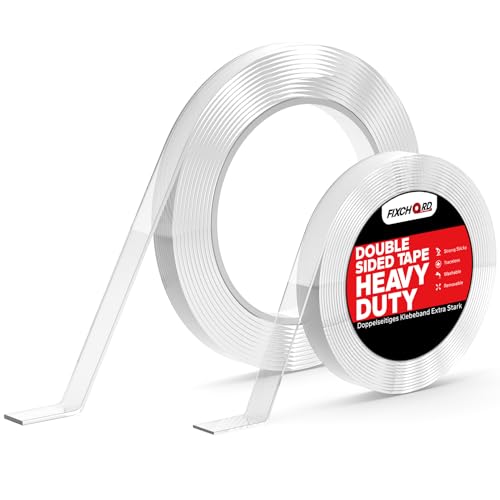 FIXCHORD Ruban Adhésif Double Face Extra Fort, Ruban Adhésif Double Face en Acrylique Imperméable et Transparent, Ruban Adhésif Amovible pour Murs/Moquettes/Tapis de, 4mL*1mmT+3mL*2mmT