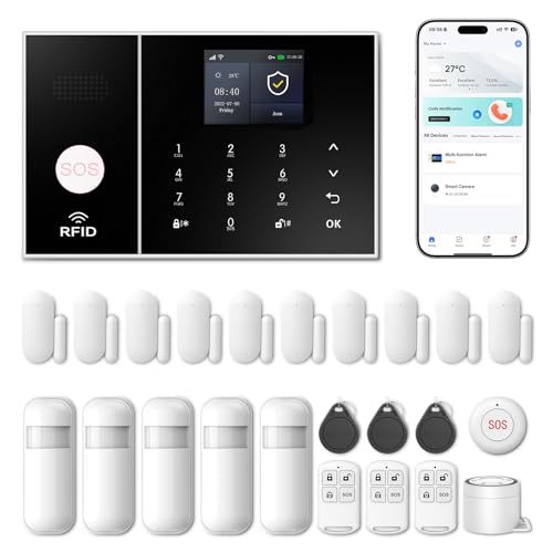 Wireless Alarm System for Home Security,24 Pcs Home Alarm System Wireless DIY Kit,WiFi+GSM/4G with Instant App Alerts NO MonthlyFees,SOS Button,App & Remote Control,Work with Alexa,for Apartment