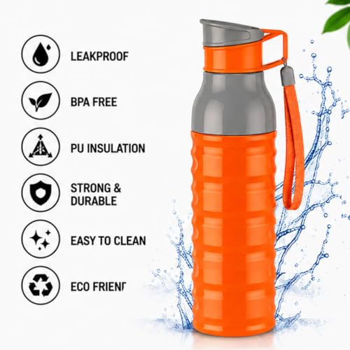 Image of CELLO Puro Steel-X Delta 600 PU Insulated Water Bottle for Office 550 ml Orange | Wide Mouth Easy to Carry with Strap Leak Proof Flip Top Lid Inner Steel Water Bottle for School Kids, College & Travel