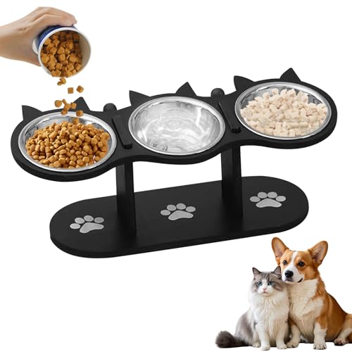 WANDGU Ciotola per gatti rialzata: mangiatoia per gatti con 3 ciotole in acciaio inox e supporto in legno – soluzione ergonomica regolabile in altezza per cani e gatti di piccola taglia, design