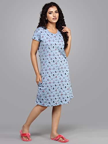 Image of Meerkat Women Short Sleeve Knee Length Cotton Knits Printed Short Nighty /Long Shirt /Midi