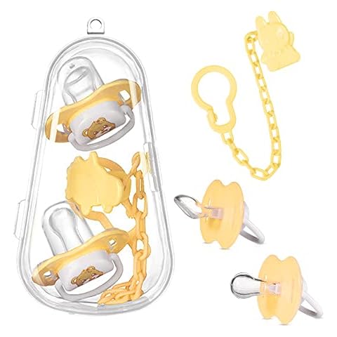Silicone Dummies 0-6 Months Dummies 6-18 Months Include sterilising and Transport Box & Soothers Chain Yellow Cover