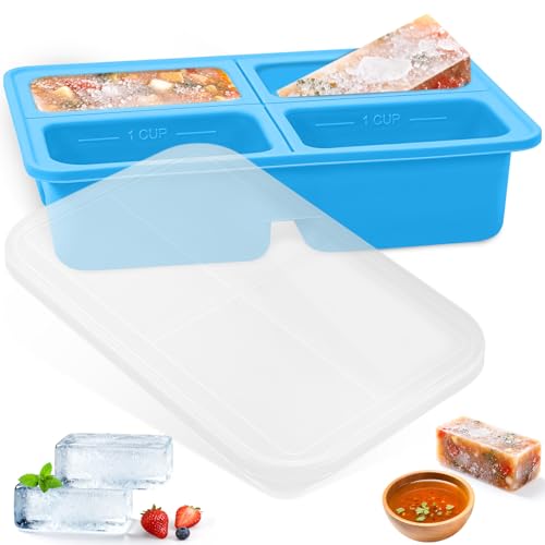 4 Scomparti Vassoio Congelatore Grande, Stampo Silicone con Coperchio, Contenitore Porzioni Alimenti per Preparazione Pasti, Cubetti Zuppa, Contenitori Congelamento per Zuppe, Salsa, Ghiaccio (Blu)