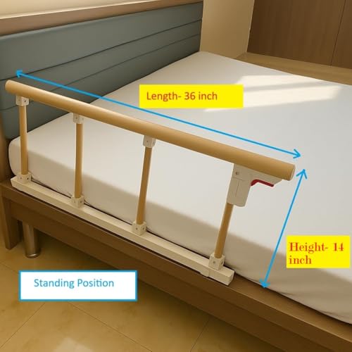 Image of P.M.P.S. Wood Grain 4 Steel Vertical Bar Hospital Bed Guard Collapsible Railing Soft Closure,No Drilling Required, (1 Side Only) for Elderly Person Size- 36 L X 14 H - inches