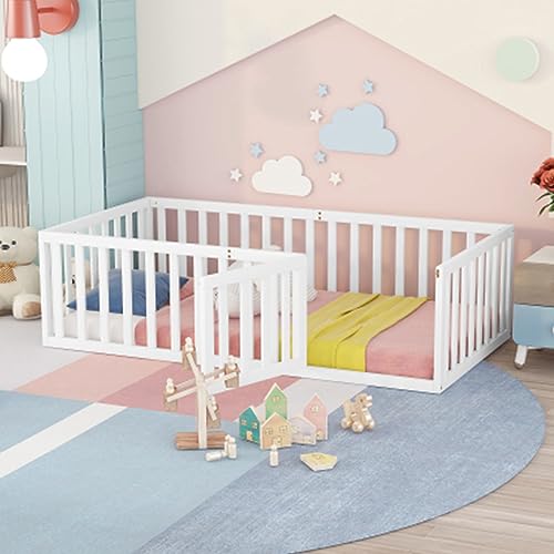 P PURLOVE Twin Size Floor Bed Frame for Kids, Wood Montessori Floor Beds with Fence Rail for Boys Girls,(White,Twin Bed