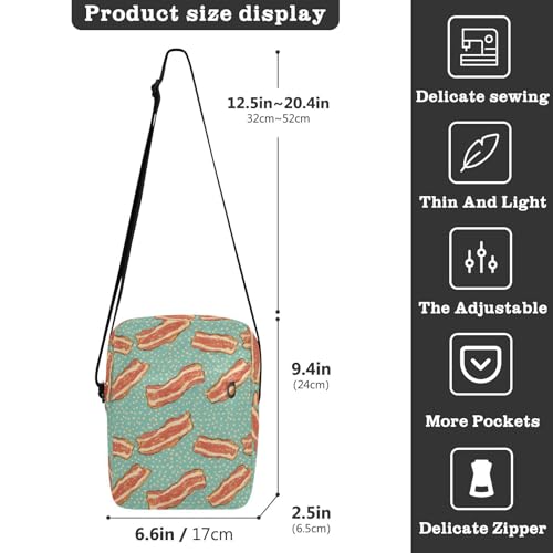 Crossbody Sling Bag Cartoon Bacons Print for Women Men, Small Purse with Phone Card Passport Compartment 6.6×9.4×2.5 IN3