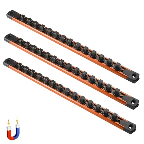 ALOANES 3-Piece Magnetic Tool Organizer, Heavy Duty Aluminum Rails, 360 Swivel Clips, 3/8-Inch Socket Holder x 42 Clips (Orange)