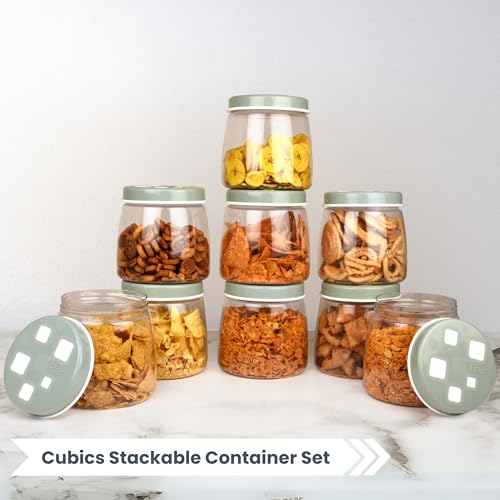 Image of FLAIR Cubics Airtight Food Storage Containers Set of 9 - (1000ml each) with Spoon - Green, BPA-Free, Transparent, Durable & Space-Saving Jars for Kitchen, Pantry, Snacks, Grains & More