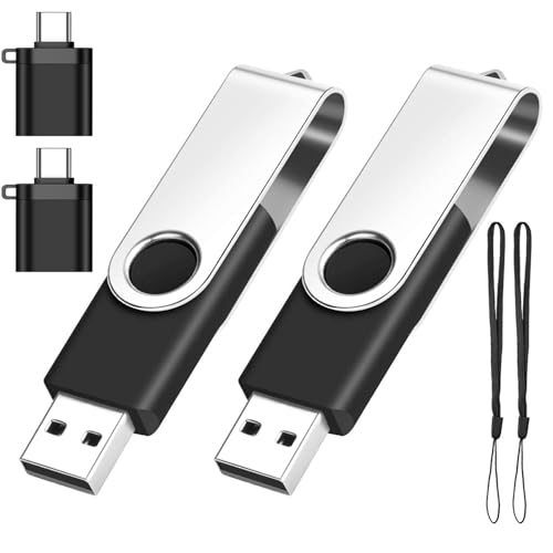 Image of 2-Packs of 32GB USB2.0 Flash Drive with 2 Type-C Adapters (Black) | High Speed 360 Metal Thumb Drives 32GB USB Stick for Storage Data