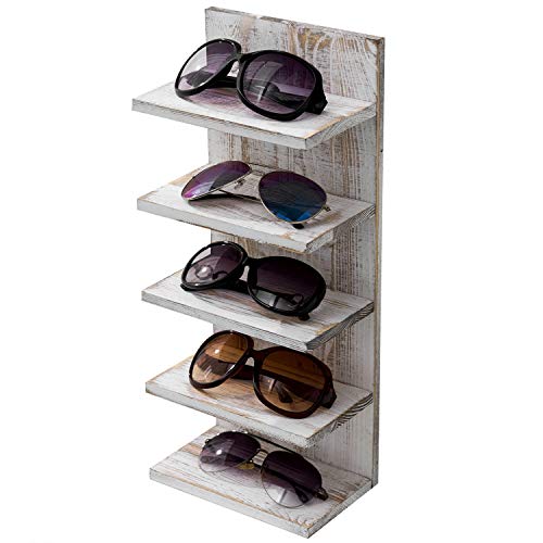 MyGift 5-Tier Vintage Whitewashed Wood Sunglasses Holder for Home Wall Organizer and Retail Display Case