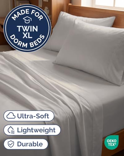 Image of Twin XL 4 Piece Sheet Set - College Dorm Room Essentials - Light Grey | Ultra Soft Dorm Bedding Set, 8 inch to 16 inch Inch Deep Pockets, 1 Flat & 1 Fitted Sheet & 2 Pillowcases, Wrinkle & Fade Free