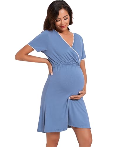 Image of Leversic Womens Maternity Nightgown Short Sleeves Cotton Breastfeeding Nightdress ladies V-Neck Maternity Nightdress Labour gown for Hospital Postpartum Pajamas(Blue,L)