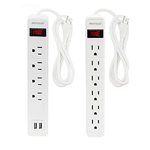 OviiTech 6 Outlet Surge Protector Power Strip and 4 Outlet Surge Protector Power Strip with 2 USB Charging Ports, Vertical Plug，Portable Travel Charger Charging Station,White(2 Pack)