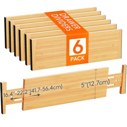 Lifewit 6 Pack Drawer Dividers Bamboo 5″ High, 16-22″ Adjustable Clothes Drawer Organizers, Expandable Dresser Separators in Bedroom/Bathroom/Kitchen/Office Organization and Storage