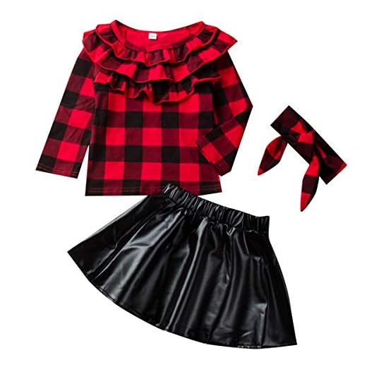 DaMohony Barn nyfödd baby flickor kjol outfit rutig topp skjorta + läderkjol + pannband 3 st barnkläder set i 1-6 år, Röd +svart, 12-24 Månader