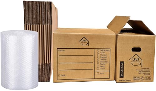 Kit de Déménagement T2 - Fabriqué en France - 20 Cartons de Déménagement Grosse Épaisseur 50x30x30 cm + 1 rouleau de Papier bulle 20 m x 50 cm - LPVS