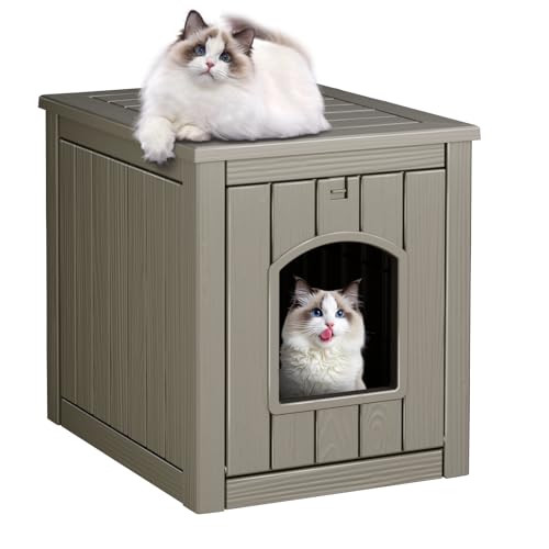 ComeWay Cat House Outdoor Indoor - All-Weather Resin Cat Houses for Outdoor Cats, Durable & Insulated Pet Shelter for Garden Patio Backyard, Stylish Grey Design