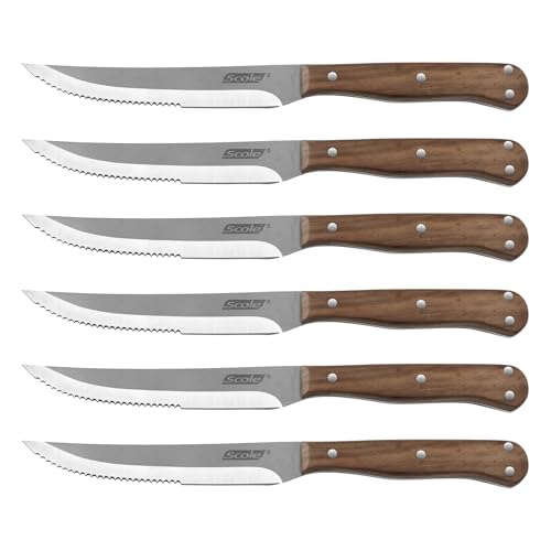 Foto von SCOLE® Steakmesser Set 6-teilig, Küchen Steakbesteck aus rostfreiem Spezialklingenstahl mit Wellenschliff, Pizzamesser und Ergonomischem Holzgriff Steak Messer, mit Premium-Geschenkbox
