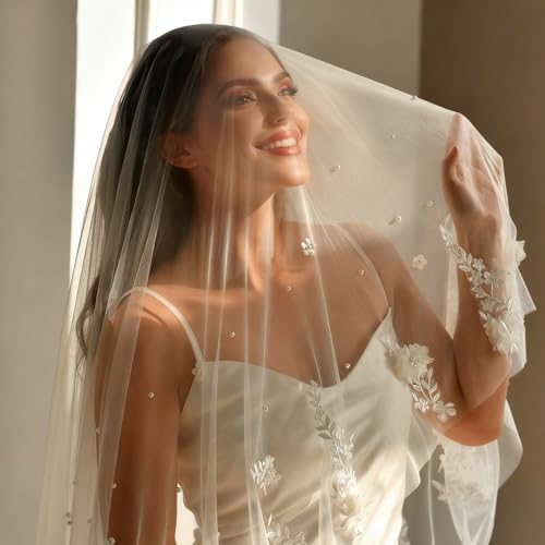 Velo de novia bordado con perlas cómodas y encaje blanco de boda 3