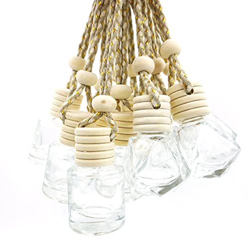 Doromy 12Packs Refillable Car Air Freshener Perfume Bottle Hanging Car Diffuser Bottle Aromatherapy Oil Diffuser Glass Bottle Pendant Clear Essential Oil Bottle With Wooden Caps & Hanging String #TOP4