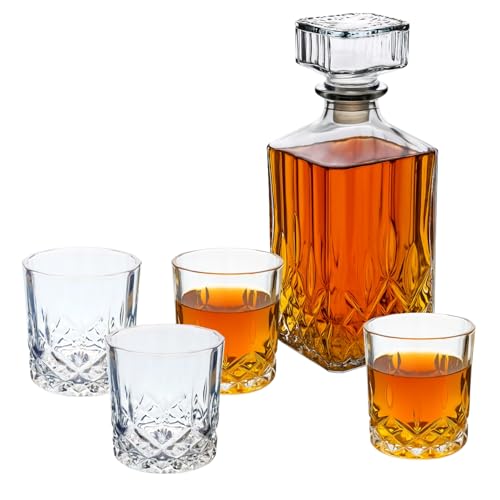 UNIQUE HOME LIVING Whiskey Decanter Set, 900ml Diamond Cut Glass Decanter with Stopper and 4pcs 300ml Tumblers for Whiskey, Bourbon, Scotch, Wine, 5-Piece Vintage Glass Barware Gift Set
