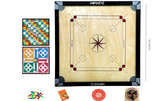 Image of KORNERS Carrom Board with Striker, Coins and Powder, Multicolor| (32 Inches Cut with Ludo)