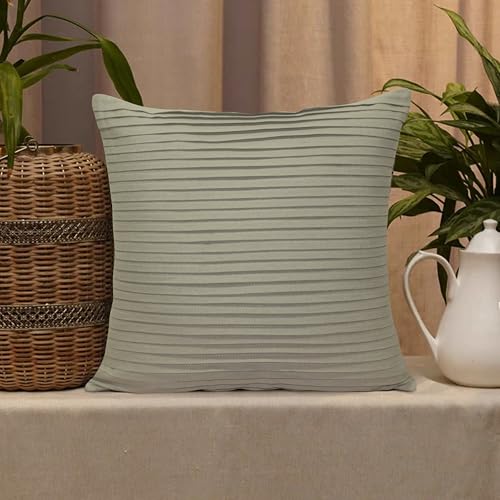 Image of HOME COLORS.IN Cotton Plain Double Side Pleated Cushion Cover - Set of 2-18 x 18 Inch - Napa Grey