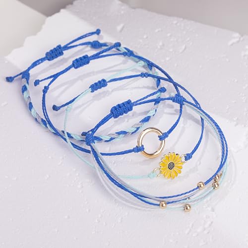 Image of Stackable Sunflower String Bracelets Cute Boho Braided Summer Beach Jewelry