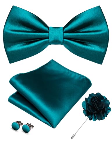 RBOCOTT Teal Blue Bow Tie for Men Silk Bowtie and Pocket Square with Lapel Pin Cufflinks Set (33)