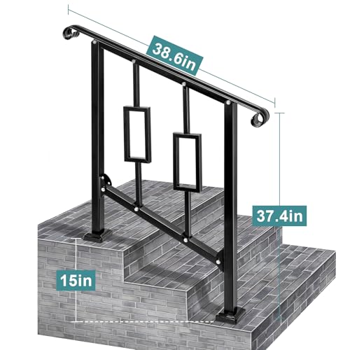 LMRSTOO Handrails for Outdoor Steps, Fit 2 or 3 Steps Outdoor Stair Railing, Black Wrought Iron Handrail for Concrete Steps or Wooden Stairs