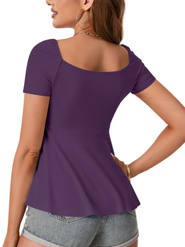 Image of Rooscier Women's Ribbed Knit Sweetheart Neck Tops Cute Drawstring Ruffle Short Sleeve T Shirts