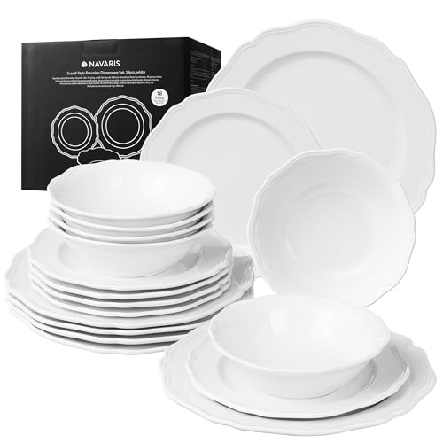 Navaris Assiettes Service de Table 6 Personnes - Ensemble Service Vaisselle en Porcelaine Blanc - Lot avec 6x Assiette Plate 6x Assiette Creuse et 6x Bol - Set Services de Table Complet