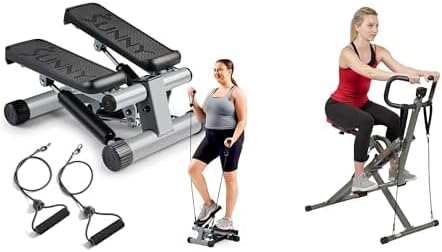 Sunny Health & Fitness Mini Stepper Machine, Stair Stepper Exercise Equipment with Resistance Bands for Home Workout + Row-N-Ride™ PRO Squat Assist Trainer, Rowing Machine for Glute Workout
