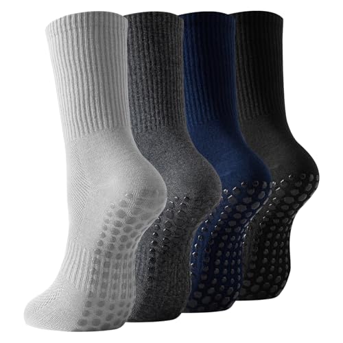 TOAMOUR Non Slip Grip Socks for Men Women 4 Pairs Mens Grippy Pilates Yoga Hospital Gym Athletic Running Crew Socks