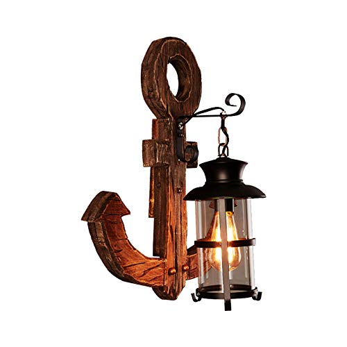 LITFAD Industrial Vintage Nautical Anchor Sconce Lights Iron and Glass 1 Head Wall Light Fixture with Wooden Base Creative Wall Lamp in Black for Bar Hallway Kitchen Restaurant