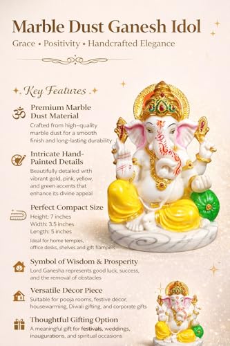 Image of Marble Dust Ganesh Idol | Vinayaka Statue | Ganpati Murti | Ganesha Idol for Home Decor | Showpieces | Gift Items for Diwali - White 7 inch Ganpati Idol, Religious