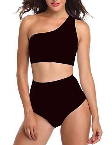NAFLEAP Women One Shoulder Push Up Swimsuits High Waisted Bikini Set 2 Pieces Bathing Suits, Black, M (US Size 8)