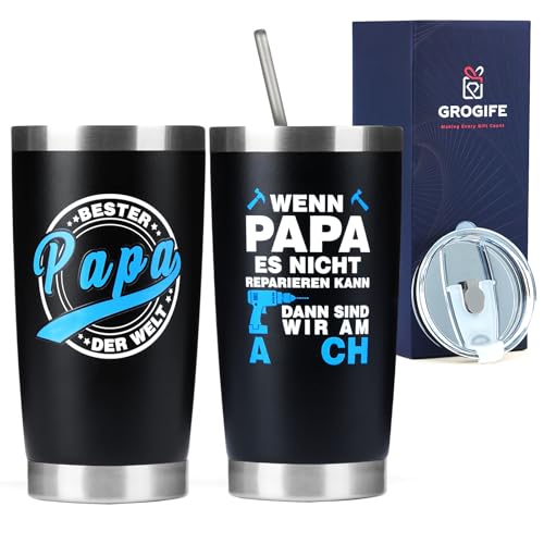 Vatertagsgeschenk für Papa, Vatertag Geschenke für Männer Lustige Thermobecher Geburtstagsgeschenk für Vater von Tochter Sohn, Bester Geburtstag Edelstahl Kaffeebecher Becher to go Tasse 600ml