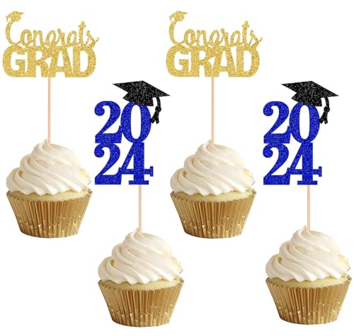 ALISSAR 48-Pack Glitter Blue 2024 Graduation Cupcake Toppers, Cupcake Toppers Cake Toppers for 2024 Graduation Party Decorations