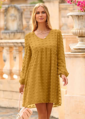 KIRUNDO Womens Dresses 2024 Spring Summer Long Sleeve Mini Dress V Neck Flowy Casual Swiss Dot Loose Babydoll Dress2