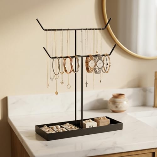 Image of ecofynd 2-Tier Metal Jewelry Organizer Stand with 2 Hangers, 16-Inch Holder for Earrings, Necklaces, Bracelets & Rings, Space-Saving Display for Vanity, Dressing Table & Home (Black, JS010)