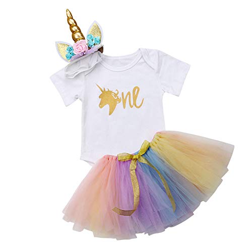 BULINGNA 3Pcs/Set Baby Girl 1st Birthday Outfit One Print Romper Bodysuit+Tutu Skirt+Unicorn Headband Clothes (Multicolor, 80cm/6-12 Months)