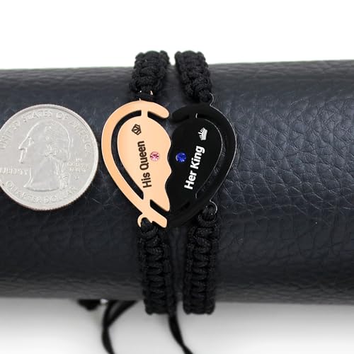 Image of 2pcs Black /Rose Gold Custom Carved Heart-shaped Puzzle Bracelets, Hand Woven Stainless Steel with Zirconia Jewelry for Men and Women, Fashion Couples Promise Bracelets