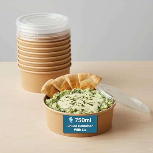 Image of Disposable Round Paper Containers with Lids | Takeout Containers for Hot /Cold Foods, Soup, Salad, Dessert, Pasta, Noodles | Microwavable, Leak-Proof Food Storage Containers- 750ml, 15 Pack